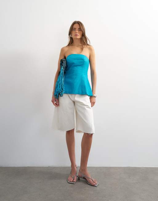 Topshop – Figurbetontes, trägerloses, elegantes Oberteil in Blaugrün, 4 von 4