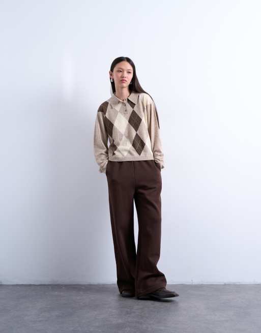 Topshop - Fijngebreide polo met Argyle-patroon in beige, 2 van 4