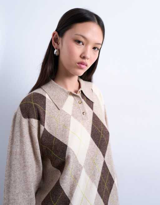 Topshop - Fijngebreide polo met Argyle-patroon in beige, 3 van 4
