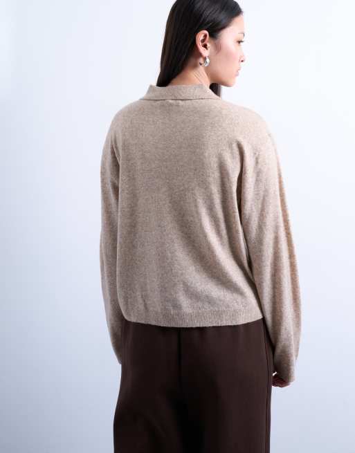 Topshop - Fijngebreide polo met Argyle-patroon in beige, 4 van 4