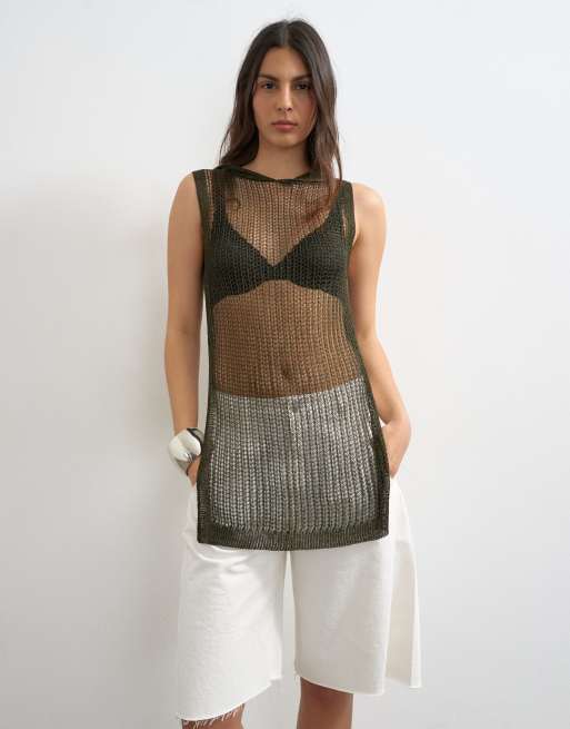 Topshop - Fijngebreide top met capuchon in metallic kaki , 3 van 4