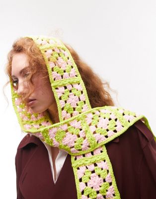 Topshop crochet skinny scarf in pink and lime - ASOS Price Checker
