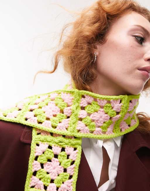 Topshop - Fine écharpe au crochet - Rose et citron vert, 3 de 4