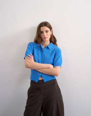 Topshop Fine Knit Cinch Waist Polo Shirt In Blue