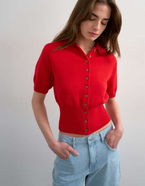 Topshop fine knit terrycloth cinch waist polo shirt in red - view 1