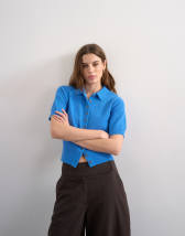 Topshop fine knitted cinch waist polo in blue