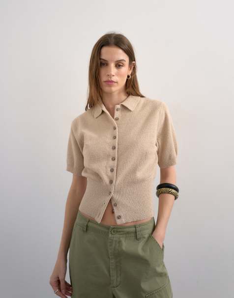 Topshop fine knitted short sleeve cinch waist polo in oat - view 1
