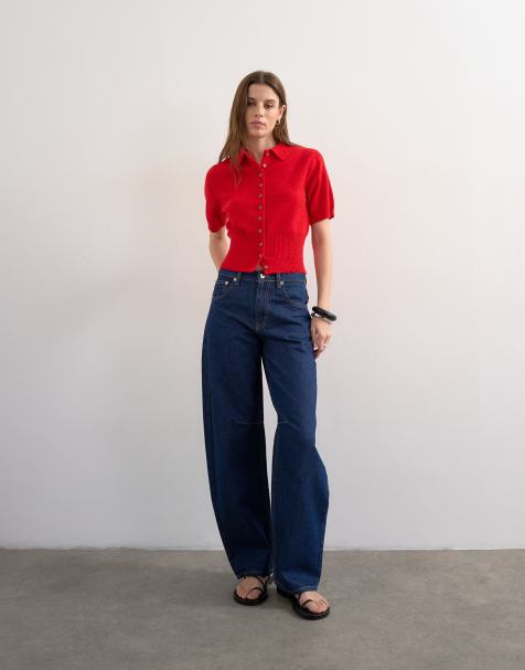 Topshop fine knitted short sleeve cinch waist polo in red - view 1