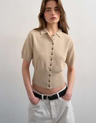 Topshop fine knitted towelling cinch waist polo in oat-Neutral