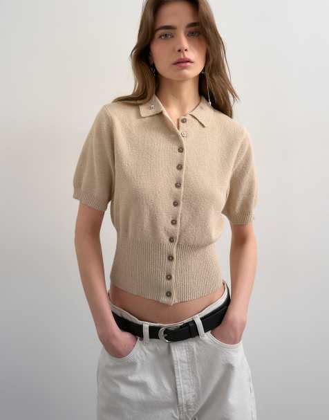 Topshop fine knitted towelling cinch waist polo in oat - view 1