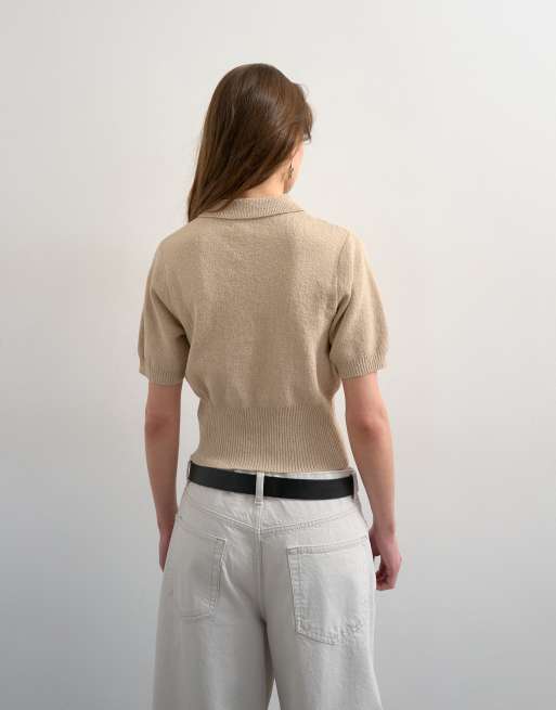 Topshop fine knitted towelling cinch waist polo in oat, 2 of 4