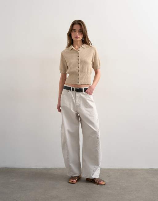 Topshop fine knitted towelling cinch waist polo in oat, 3 of 4
