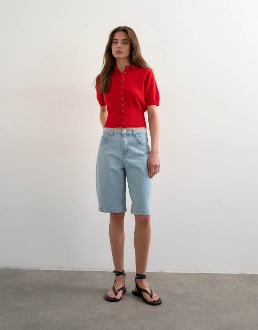 Topshop fine knitted towelling cinch waist polo in red, 3 of 4