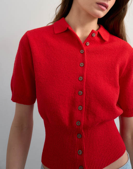 Topshop fine knitted towelling cinch waist polo in red, 4 of 4
