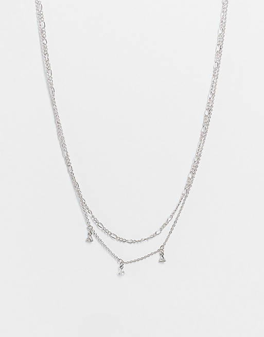 Topshop fine tri stone crystal multirow necklace in silver