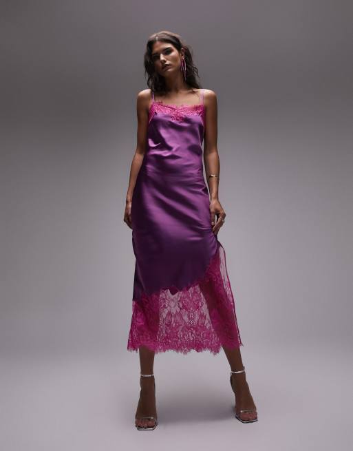 Topshop – Fioletowa sukienka midi na ramiączkach z kontrastową różową koronką