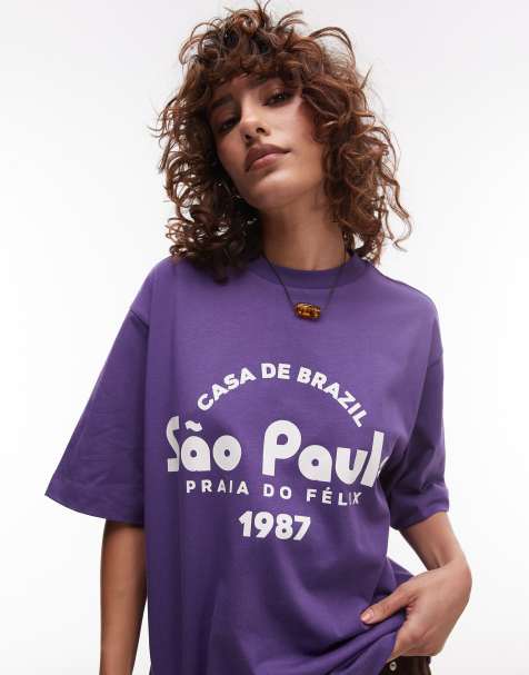 Topshop – Fioletowy dżersejowy T-shirt oversize z napisem „Sao Paulo” - view 1