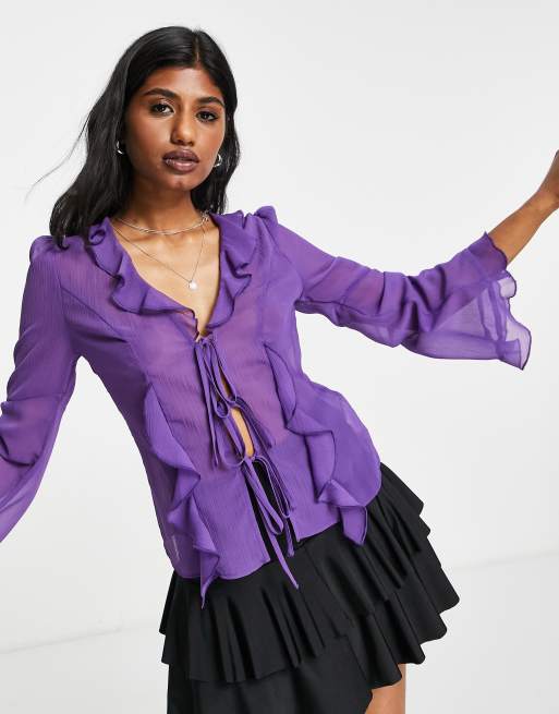 Topshop – Fioletowy prześwitujący top z gniecionego materiału wiązany z przodu