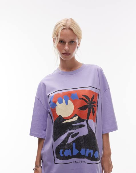 Topshop – Fioletowy T-shirt z dżerseju o pudełkowym kroju z grafiką - view 1