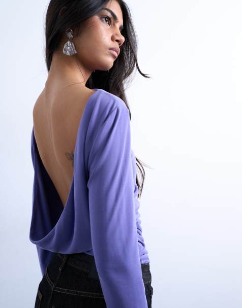 Topshop cupro long sleeve cowl back top in purple