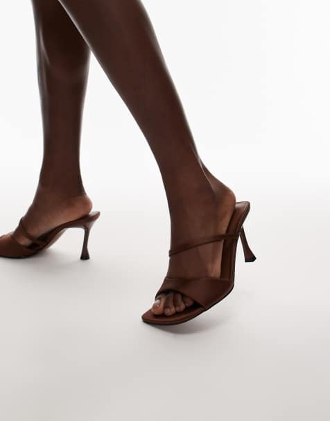 Topshop Fiona high heel mule with strap in brown - view 1