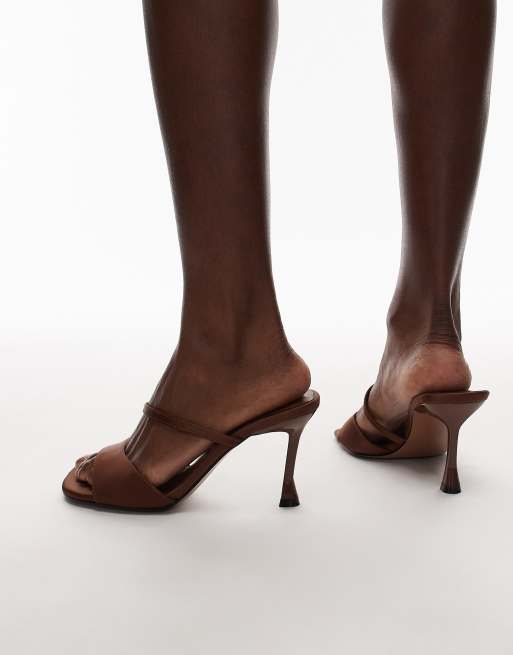 Topshop Fiona high heeled mules with straps in brown, 4 of 4