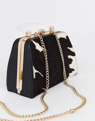 Topshop - firkantet håndtaske med akrylhåndtag og koskindsprint-Multifarvet