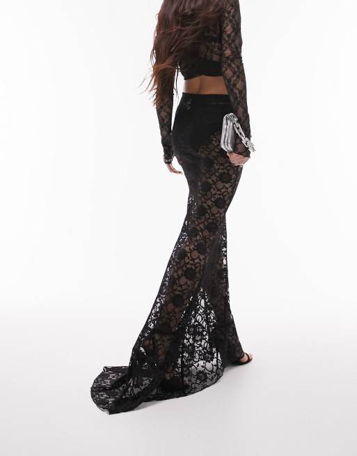 Long black on sale lace skirt