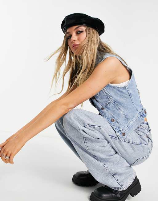 Topshop fitted denim gilet in mid blue