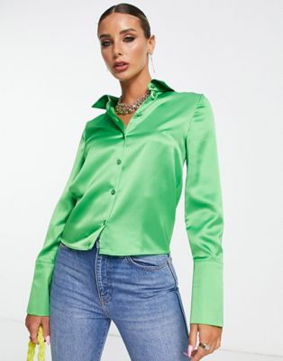 Topshop fitted long sleeve deep cuff satin shirt in green