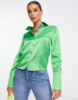 Topshop fitted long sleeve deep cuff satin shirt in green