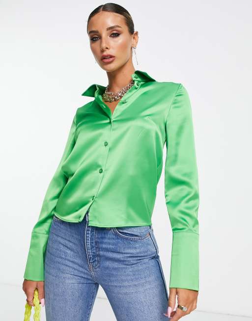 Topshop fitted long sleeve deep cuff satin shirt in green | ASOS