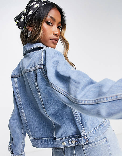 Topshop fitted recycled cotton denim jacket in mid blue 