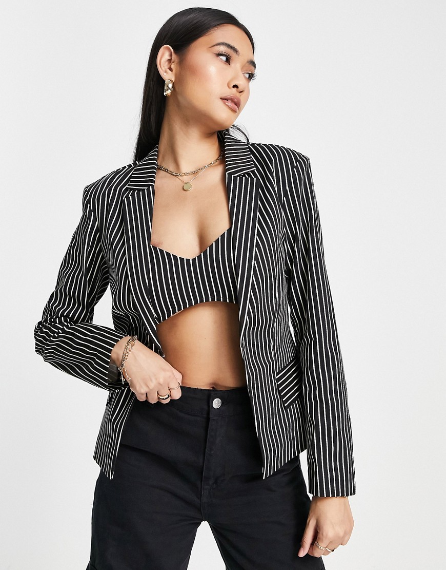Topshop Fitted Striped Blazer In Monochrome - Part Of A Set-black
