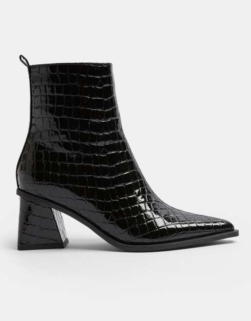 Topshop flared heel boots in black croc