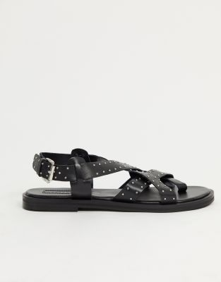 black leather studded sandals
