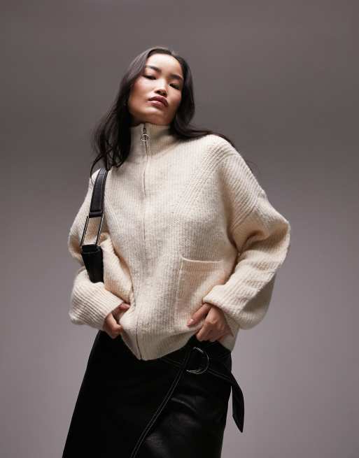 Topshop – Flauschige Strickjacke in Elfenbein mit durchgehendem Reißverschluss und Taschen