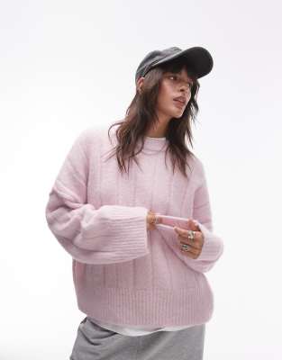 Topshop - Flauschiger, gerippter Oversize-Strickpullover in Flieder mit Rundhalsausschnitt-Rosa