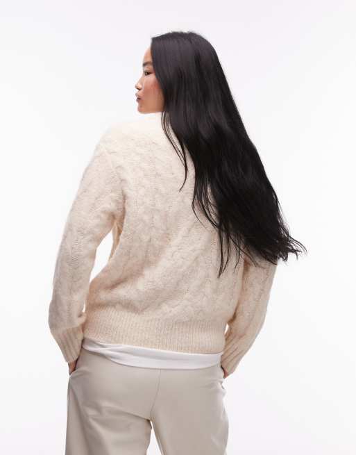Topshop – Flauschiger, locker geschnittener Strickpullover in Cremeweiß mit Zopfmuster und Rundhalsausschnitt, 4 von 4