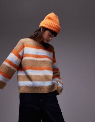 Topshop - Flauschiger, orange-blau gestreifter Pullover-Bunt