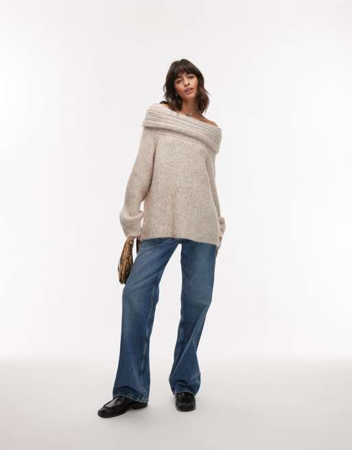 Topshop – Flauschiger Oversize-Pullover in Hellbeige aus