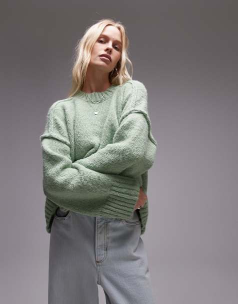 Topshop – Flauschiger Oversize-Strickpullover in Hellgrün mit Rundhalsausschnitt, geripptem Detail und freiliegender Naht - view 1