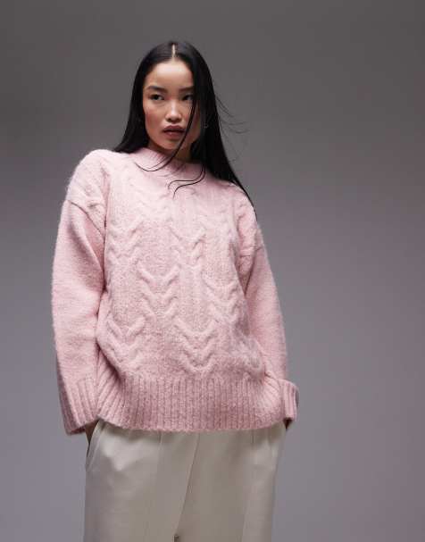 Topshop – Flauschiger Oversize-Strickpullover in Rosa mit Zopfmuster - view 1