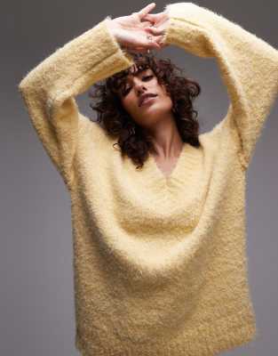 Topshop - Flauschiger Oversize-Strickpullover in Zitronengelb mit V-Ausschnitt, Kombiteil