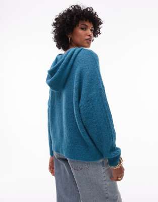 Topshop - Flauschiger Strick-Kapuzenpullover in Blaugrün mit Zopfmuster