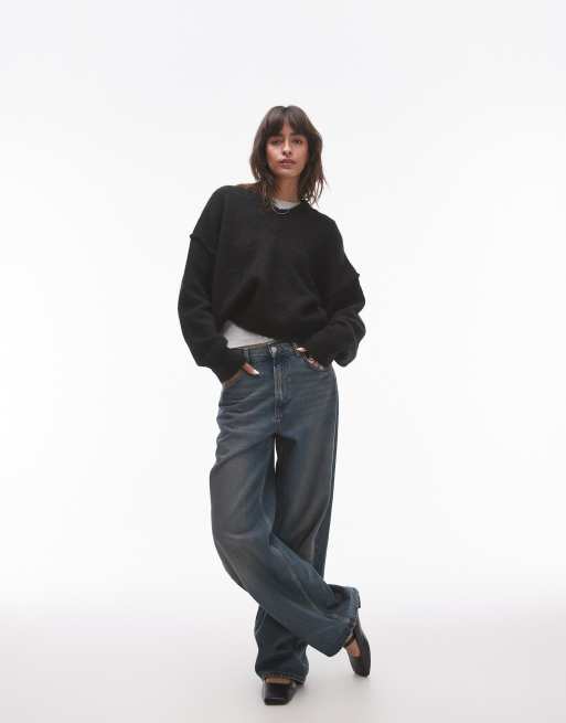 Topshop – Flauschiger Strickpullover in Schwarz mit hohem V-Ausschnitt, 3 von 4