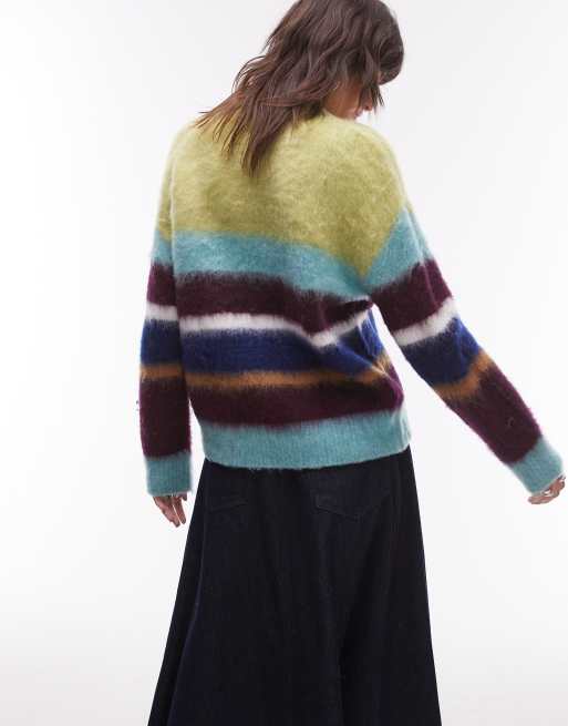 Topshop – Flauschiger Strickpullover mit bunten Streifen und