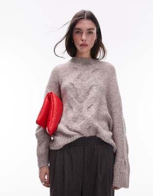 Topshop - Flauschiger, zweifarbiger Strickpullover in Hafer mit Zopfstrickmuster vorne-Brown