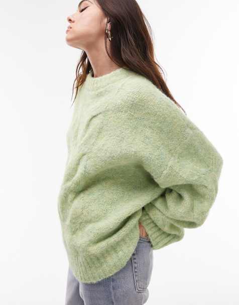 Topshop – Flauschiger, zweifarbiger Strickpullover in Minzgrün mit Zopfstrickmuster vorne - view 1