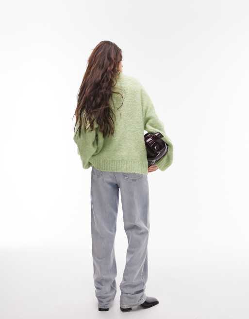 Topshop – Flauschiger, zweifarbiger Strickpullover in Minzgrün mit Zopfstrickmuster vorne, 3 von 4